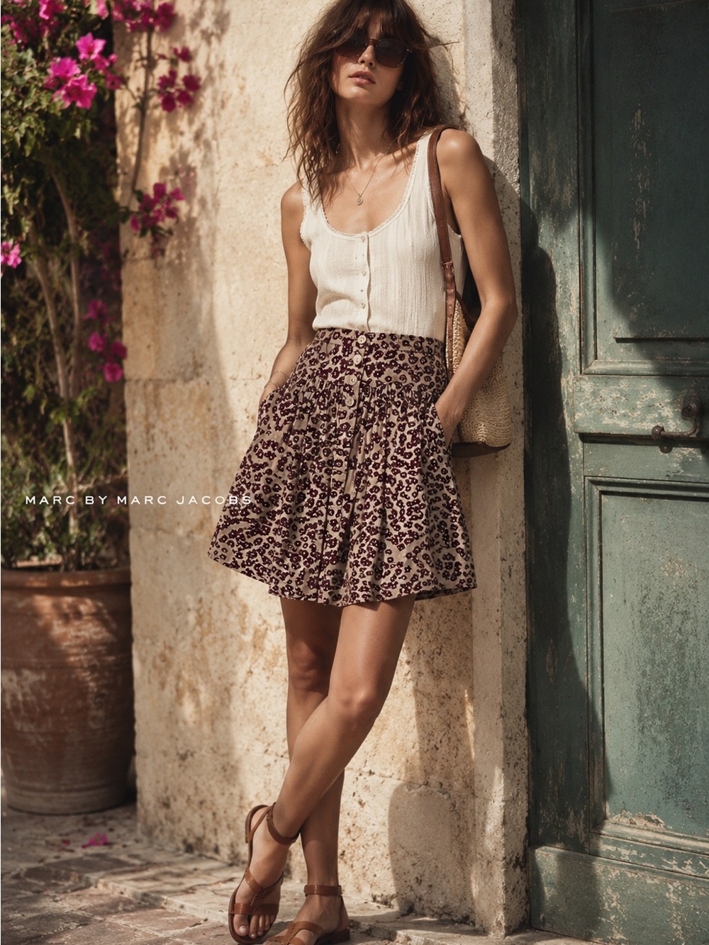 Marc Jacobs Beige and Brown Print Skater Mini Skirt Size 6 Artsy Prairie Boho